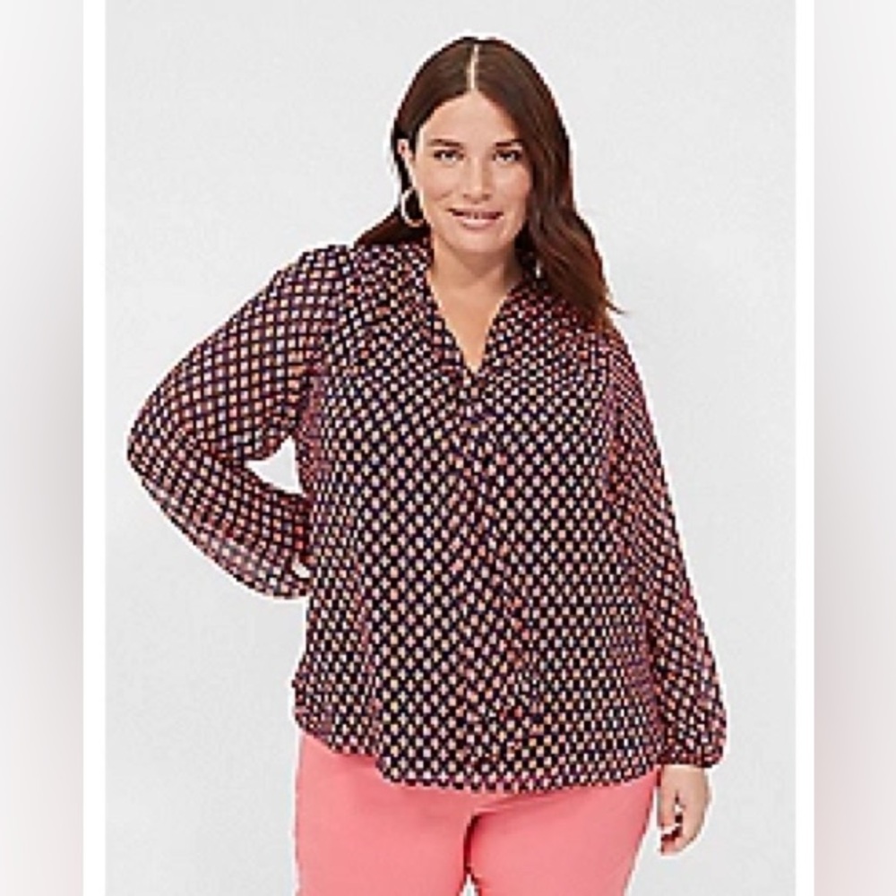 Tie Neck Popover Coral & Navy Blouse